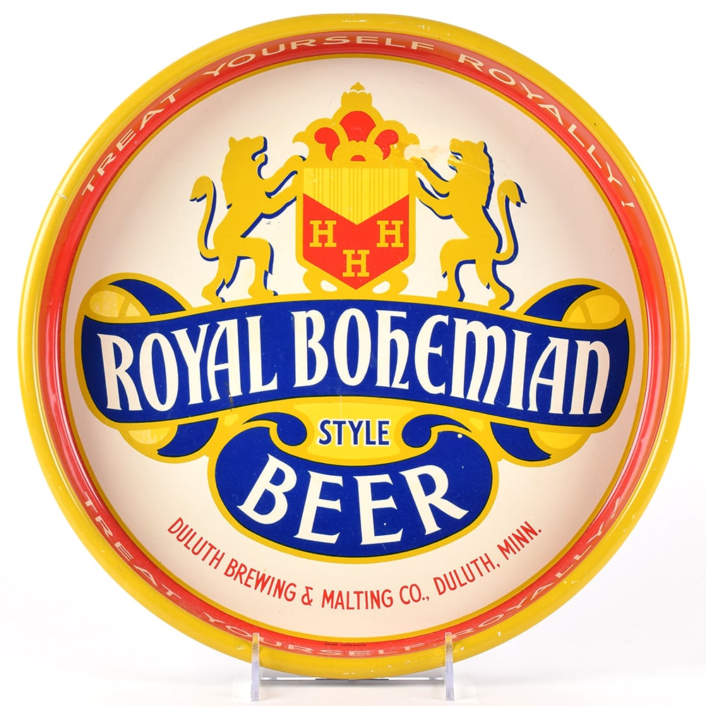 Royal Bohemian Beer 1950s Aluminum Tray LIONS: Brewer/Business Name: Duluth Brewing & Malting Co., Duluth, Minnesota Manufacturer/Plant: H.D. Beach Co. Date of manufacture: <