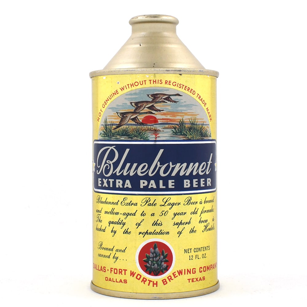 Bluebonnet Extra Pale Beer Cone Top 153-32 MINTY: Brewer/Business Name: Dallas-Fort Worth Brewing Co., Dallas, Texas Manufacturer/Plant: Continental Can Co. Date of manufacture: