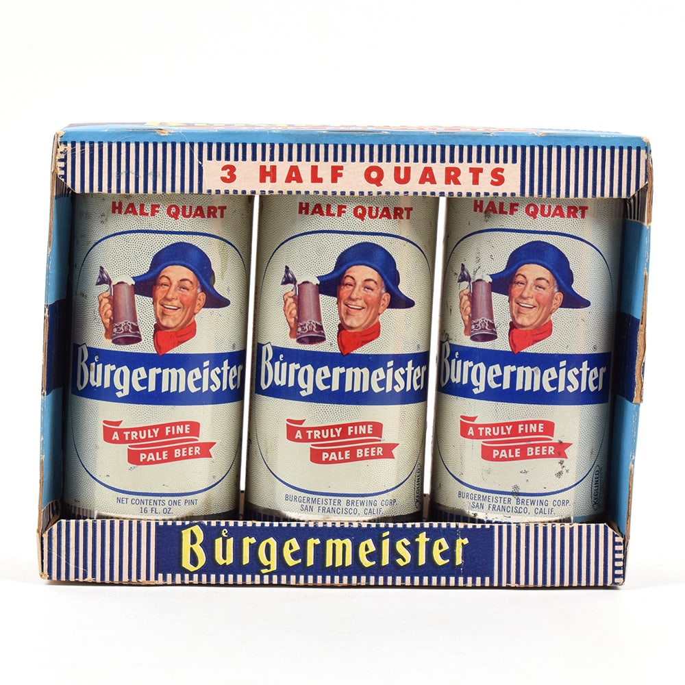 Burgermeister Beer Cardboard Carton and 3 16 Ounce Flat Tops 227-04 (1 of 7)