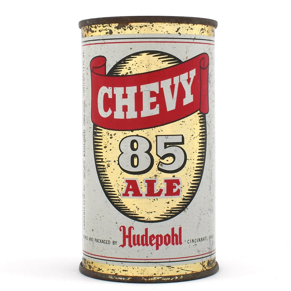 Chevy 85 Ale Flat Top AL TAX LID 49-22: Brewer/Business Name: Hudepohl Brewing Co., Cincinnati, Ohio Manufacturer/Plant: American Can Co. Date of manufacture: circa 1950s Canning Code: n/a USBC reference: 49-22 USBCOI reference: 