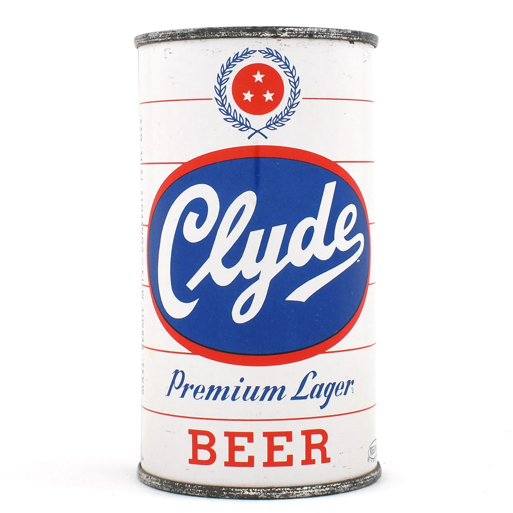 Clyde Premium Lager Beer Flat Top MEDIUM BLUE EXCEPTIONAL: Brewer/Business Name: Enterprise Brewing Co., Fall River, Massachusetts Manufacturer/Plant: American Can Co. Date of manufacture: <