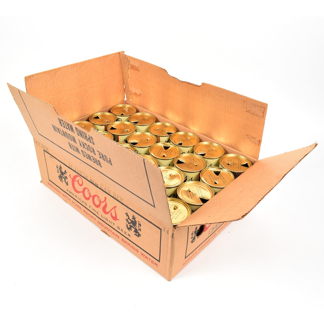 Coors Beer 1950s Flat Top Full Case Carton 24 Cans 51-23: Brewer/Business Name: Adolph Coors Co., Golden, Colorado Manufacturer/Plant: American Can Co. Date of manufacture: circa 1950s Canning Code: n/a USBC reference: 51-23 USBCOI reference: 