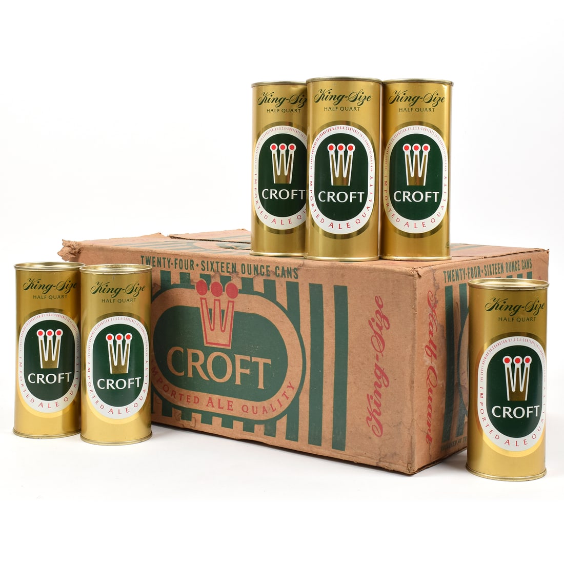 Croft Ale Cardboard Case Carton and 6 16 Ounce Bank Lid Flat Top Cans ORIGINAL FIND: Brewer/Business Name: Croft Brewing Co., Cranston, Rhode Island Manufacturer/Plant: American Can Co. Date of manufacture: circa 1950s Canning Code: n/a USBC reference: USBCOI reference: 