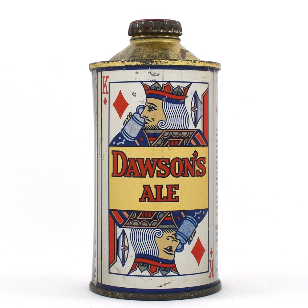 Dawsons ALE King Diamond Playing Card Cone Top ACTUAL 158-23 -INCREDIBLE-: Brewer/Business Name: Dawsons Brewery Inc., New Bedford, Massachusetts Manufacturer/Plant: Continental Can Co. Date of manufacture: circa 1930s Canning Code: n/a USBC reference: 158-23