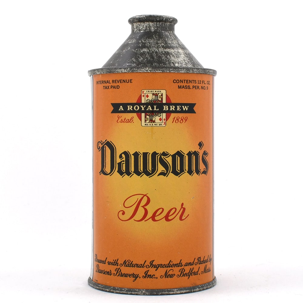 Dawsons BEER Cone Top 159-6 -RARE PERHAPS BEST-: Brewer/Business Name: Dawsons Brewery Inc., New Bedford, Massachusetts Manufacturer/Plant: Continental Can Co. Date of manufacture: