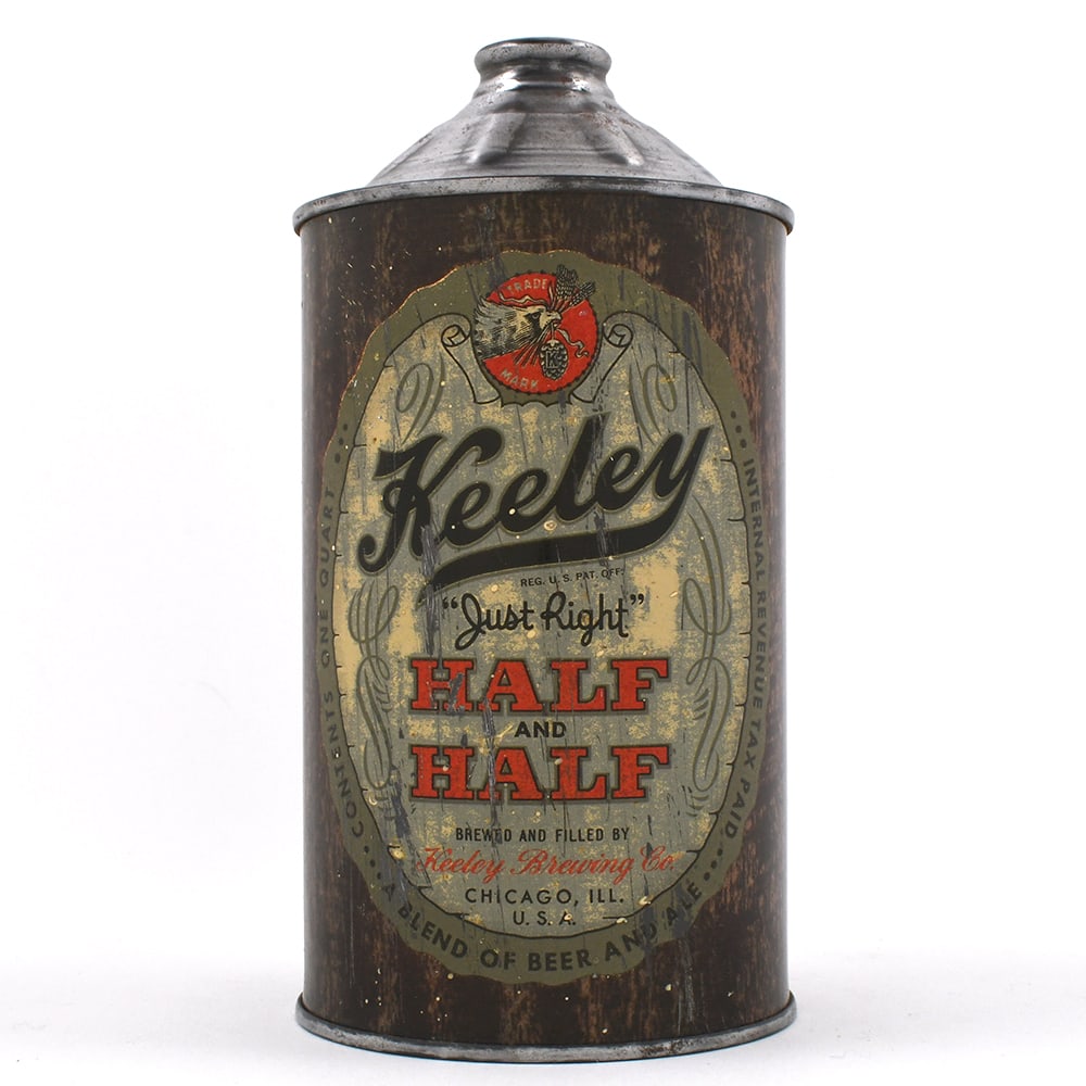 Keeley Half and Half Quart Cone Top L213-1: Brewer/Business Name: Keeley Brewing Co., Chicago, Illinois Manufacturer/Plant: Continental Can Co. Date of manufacture: