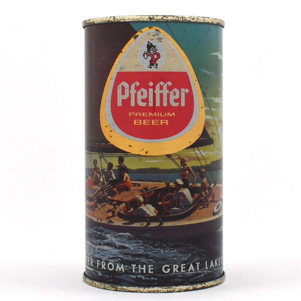 Pfeiffer Premium Beer Set Flat Top DARK SAILBOAT DULL GOLD 114-7: Brewer/Business Name: Pfeiffer Brewing Co., Detroit, Michigan Manufacturer/Plant: American Can Co. Date of manufacture: