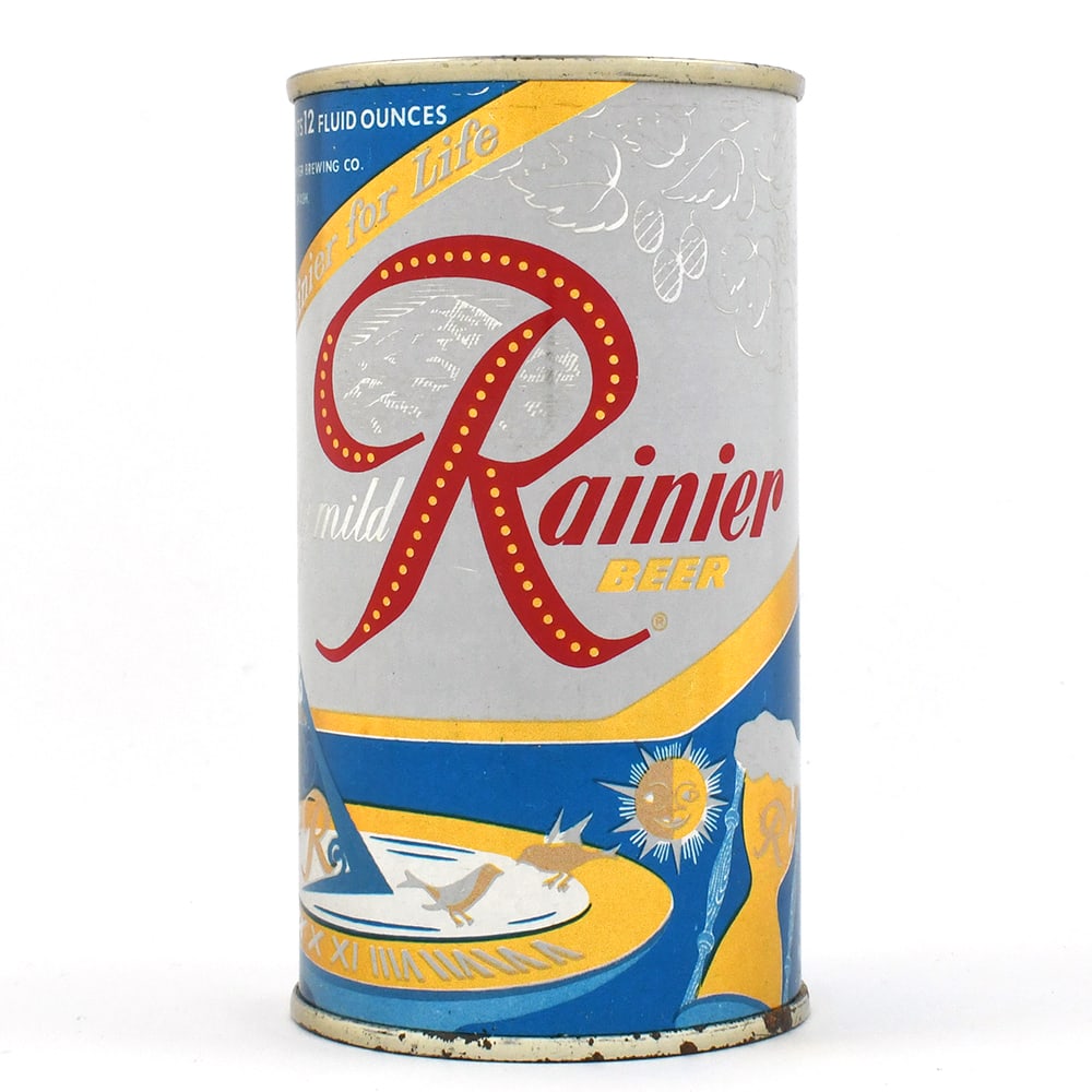 Rainier Jubilee Flat Top NATURALLY AGED Metallic Blue Unlisted: Brewer/Business Name: Sicks Rainier Brewing Co., Spokane, Washington Manufacturer/Plant: American Can Co. Date of manufacture: circa 1950s Canning Code: n/a USBC reference: Unlisted USBCOI