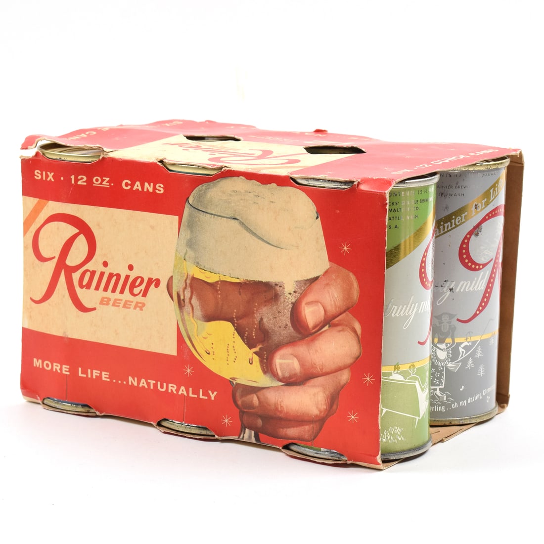 Rainier Jubilee Set Flat Top Cardboard 6-Pack Carrier and 6 Cans: Brewer/Business Name: Sicks Rainier Brewing Co., Spokane, and Sicks Seattle Brewing & Malting, Seattle, Washington Manufacturer/Plant: Continental Can Co. Date of manufacture: circa 1950s 