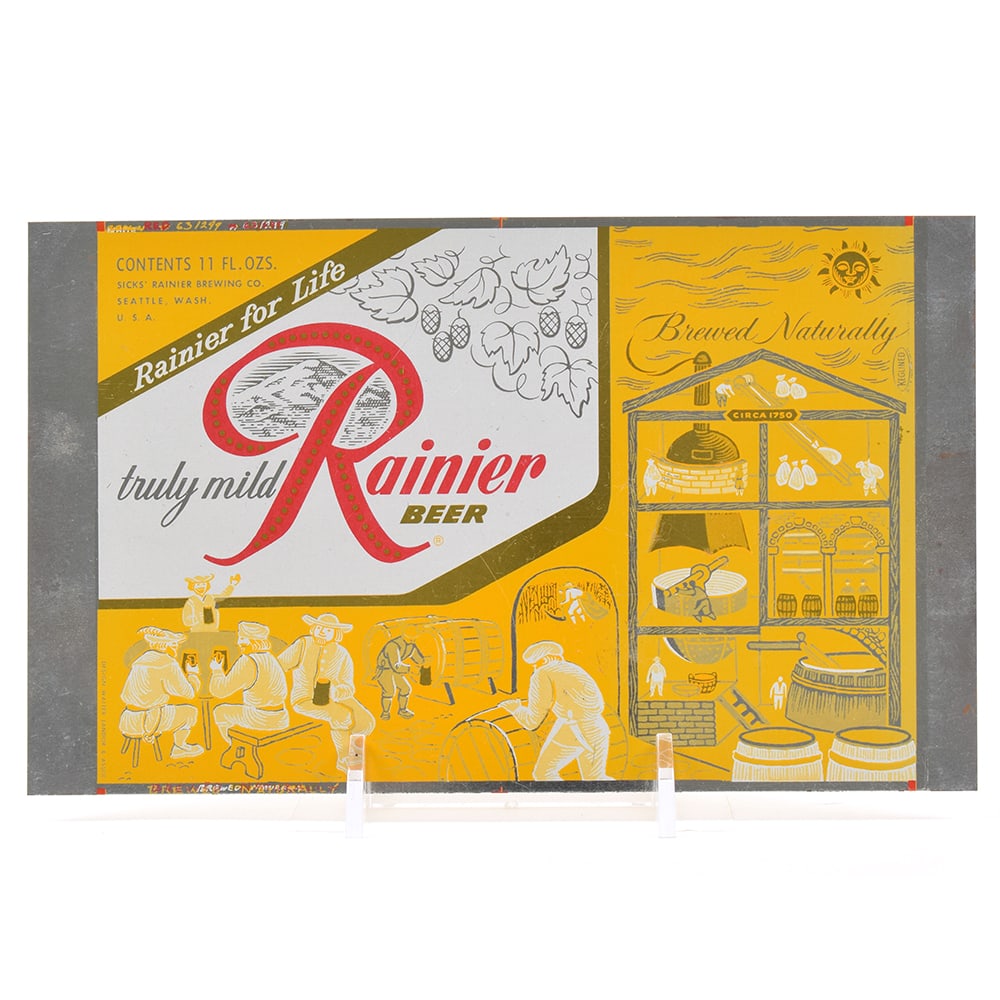 Rainier Jubilee Unrolled Set 11 Ounce Flat Top Sheet BREWED NATURALLY Yellow: Brewer/Business Name: Sicks Rainier Brewing Co., Seattle, Washington Manufacturer/Plant: American Can Co. Date of manufacture: circa 1950s Canning Code: n/a USBC reference: Unlisted USBCOI