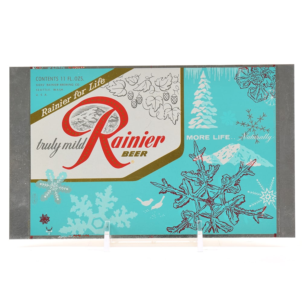 Rainier Jubilee Unrolled Set 11 Ounce Flat Top Sheet MORE LIFE Turquoise: Brewer/Business Name: Sicks Rainier Brewing Co., Seattle, Washington Manufacturer/Plant: American Can Co. Date of manufacture: circa 1950s Canning Code: n/a USBC reference: Unlisted USBCOI
