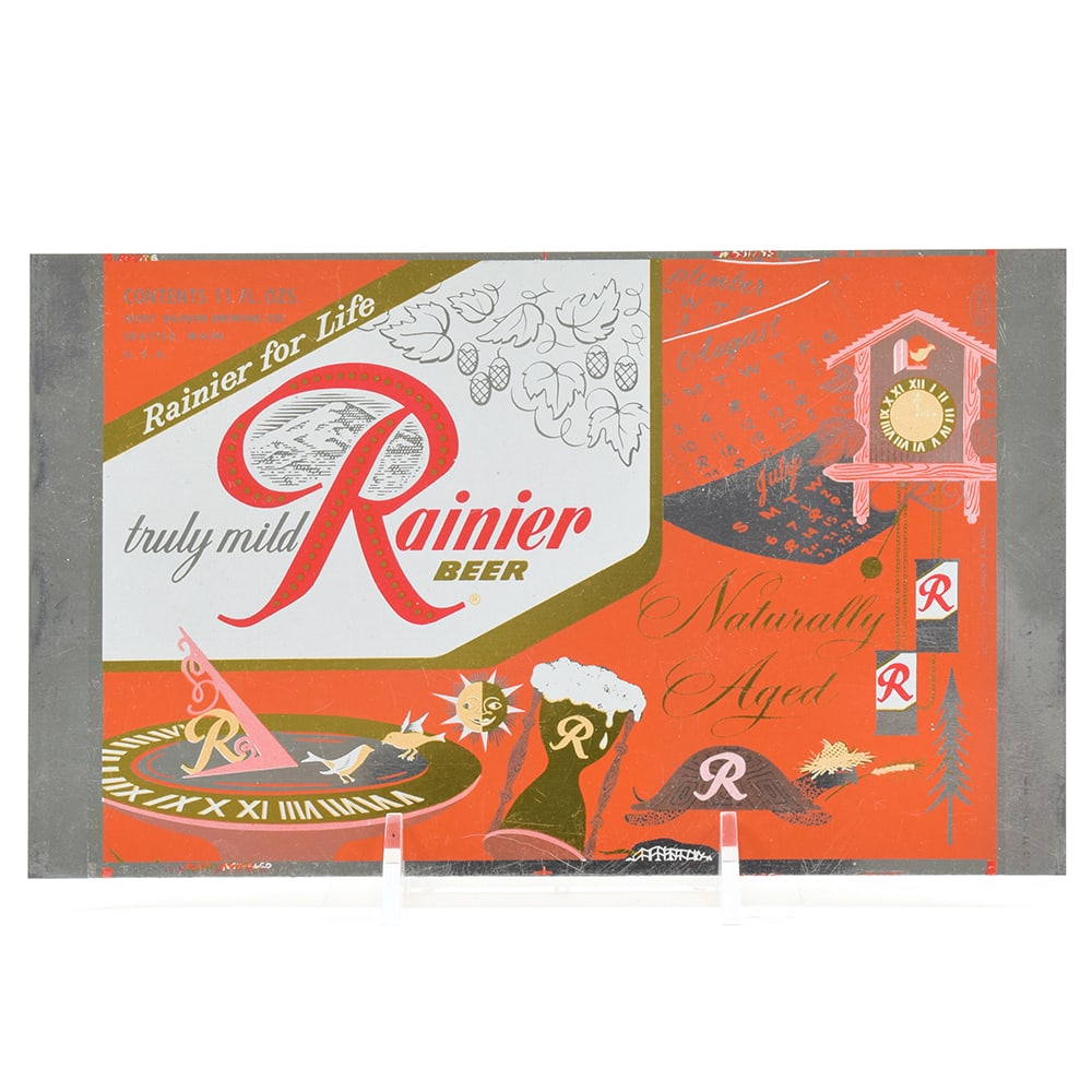 Rainier Jubilee Unrolled Set 11 Ounce Flat Top Sheet NATURALLY AGED Red-Orange: Brewer/Business Name: Sicks Rainier Brewing Co., Seattle, Washington Manufacturer/Plant: American Can Co. Date of manufacture: circa 1950s Canning Code: n/a USBC reference: Unlisted USBCOI
