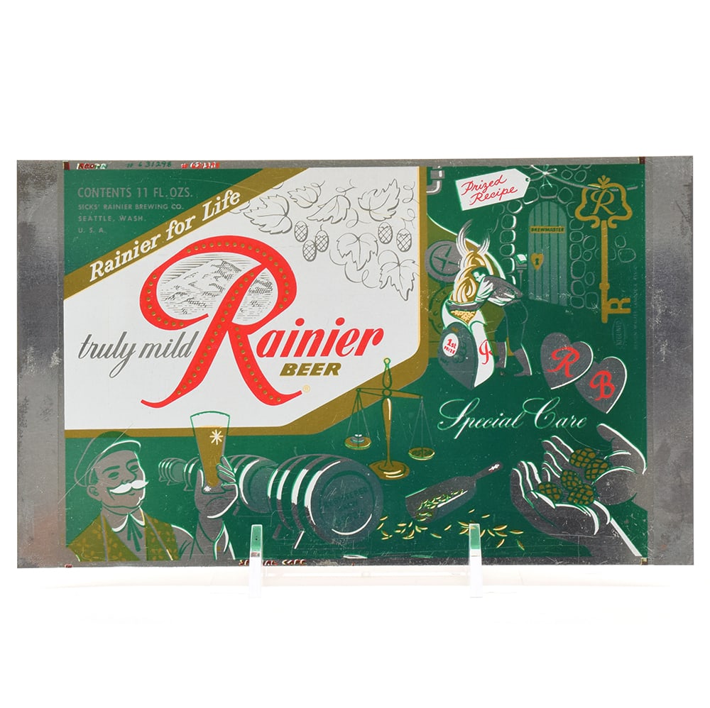 Rainier Jubilee Unrolled Set 11 Ounce Flat Top Sheet SPECIAL CARE Green: Brewer/Business Name: Sicks Rainier Brewing Co., Seattle, Washington Manufacturer/Plant: American Can Co. Date of manufacture: circa 1950s Canning Code: n/a USBC reference: Unlisted USBCOI