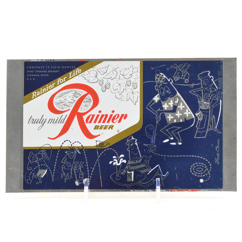 Rainier Jubilee Unrolled Set Flat Top Sheet GOLF Dark Blue: Brewer/Business Name: Sicks Spokane Brewery Inc., Spokane, Washington Manufacturer/Plant: American Can Co. Date of manufacture: circa 1950s Canning Code: n/a USBC reference: Unlisted USBCOI