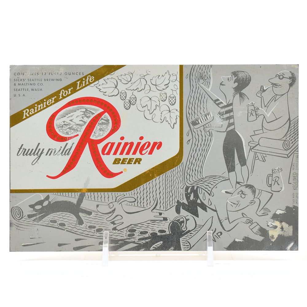 Rainier Jubilee Unrolled Set Flat Top Sheet RAMBUNCTIOUS PETS Gray: Brewer/Business Name: Sicks Seattle Brewing & Malting Co., Seattle, Washington Manufacturer/Plant: American Can Co. Date of manufacture: circa 1950s Canning Code: n/a USBC reference: