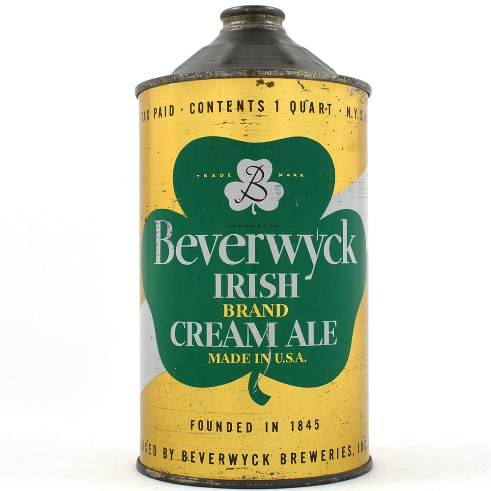 Beverwyck Irish Brand Cream Ale Quart Cone Top IRTP UNLISTED SCARCE: Brewer/Business Name: Beverwyck Breweries Inc., Albany, New York Manufacturer/Plant: Continental Can Co. Date of manufacture: circa 1940s Canning Code: n/a USBC reference: UNLISTED USBCOI reference: