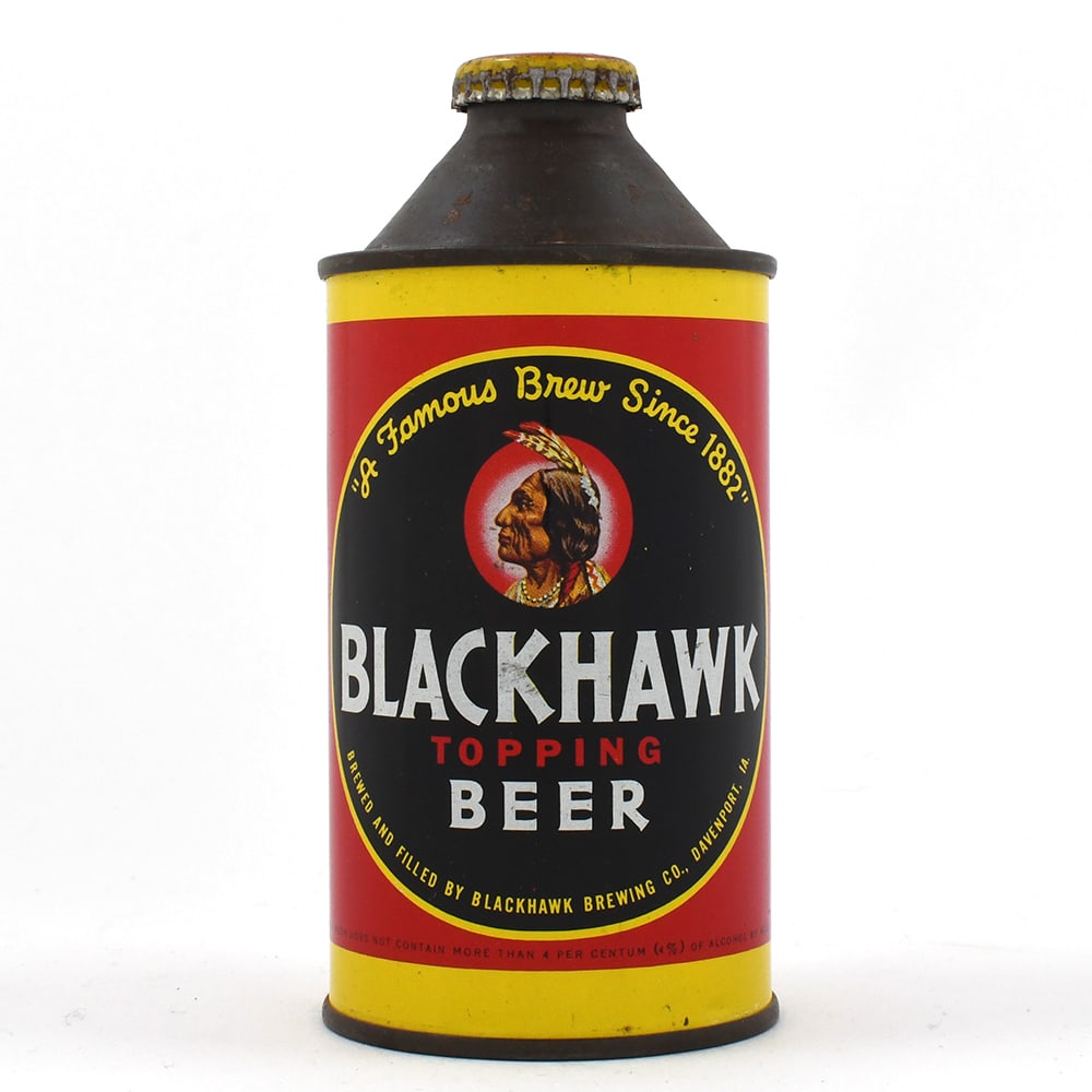 Blackhawk Topping Beer Cone Top DNCMT 4 PERCENT 152-26 SWEET: Brewer/Business Name: Blackhawk Brewing Co., Davenport, Iowa Manufacturer/Plant: Continental Can Co. Date of manufacture: circa 1940s Canning Code: n/a USBC reference: 152-26 USBCOI reference: 