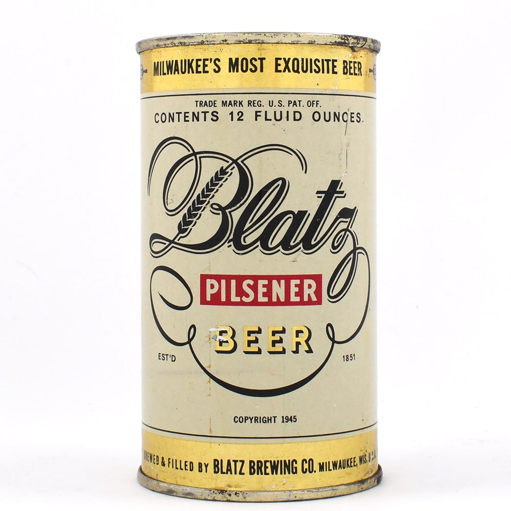 Blatz Pilsener Beer Flat Top NON-IRTP BLATZ LID 39-8 EXCELLENT: Brewer/Business Name: Blatz Brewing Co., Milwaukee, Wisconsin Manufacturer/Plant: Continental Can Co. Date of manufacture: circa 1950s Canning Code: n/a USBC reference: 39-8 USBCOI reference: 
