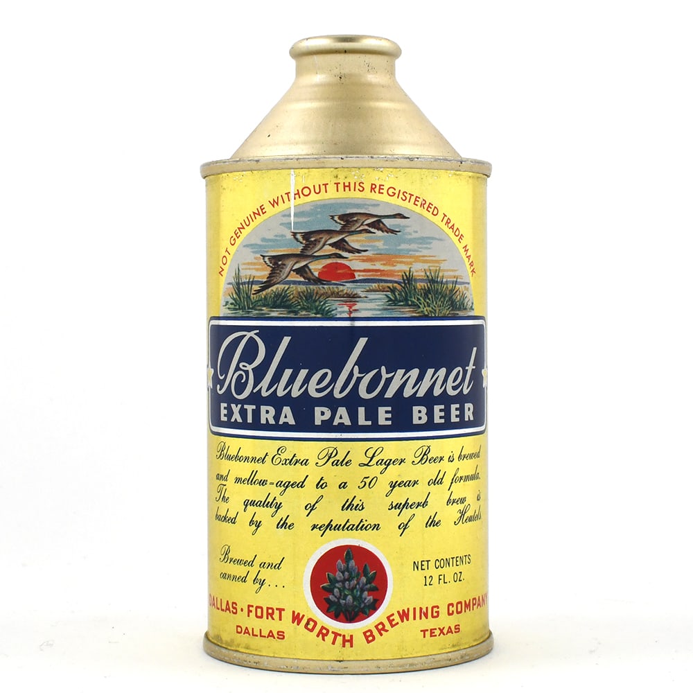 Bluebonnet Extra Pale Beer Cone Top NON-IRTP 153-32 MINTY: Brewer/Business Name: Dallas-Fort Worth Brewing Co., Dallas, Texas Manufacturer/Plant: Continental Can Co. Date of manufacture: circa 1950s Canning Code: n/a USBC reference: 153-32 USBCOI reference: