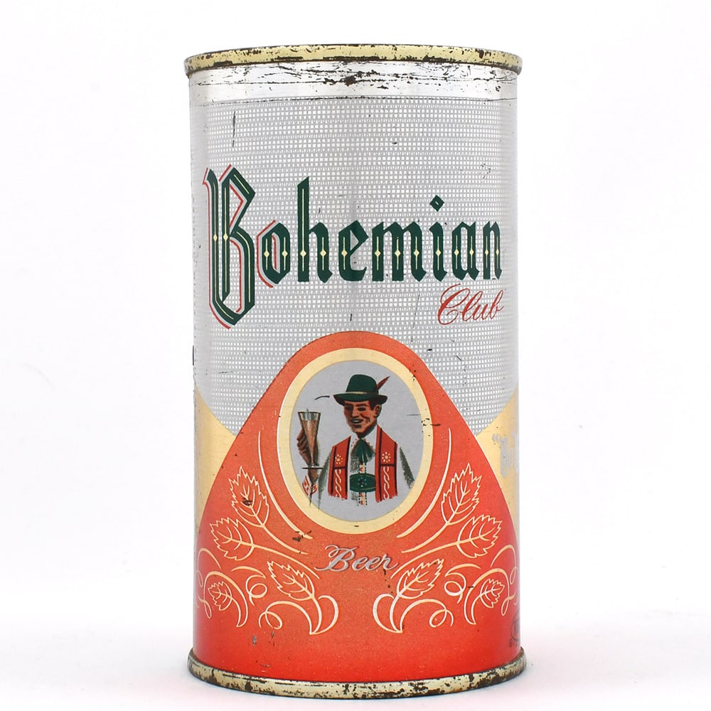 Bohemian Club Beer Flat Top 12 OUNCE STILL FULL 40-31: Brewer/Business Name: Bohemian Breweries Inc., Spokane, Washington Manufacturer/Plant: American Can Co. Date of manufacture: circa 1950s Canning Code: n/a USBC reference: 40-31 USBCOI reference: 
