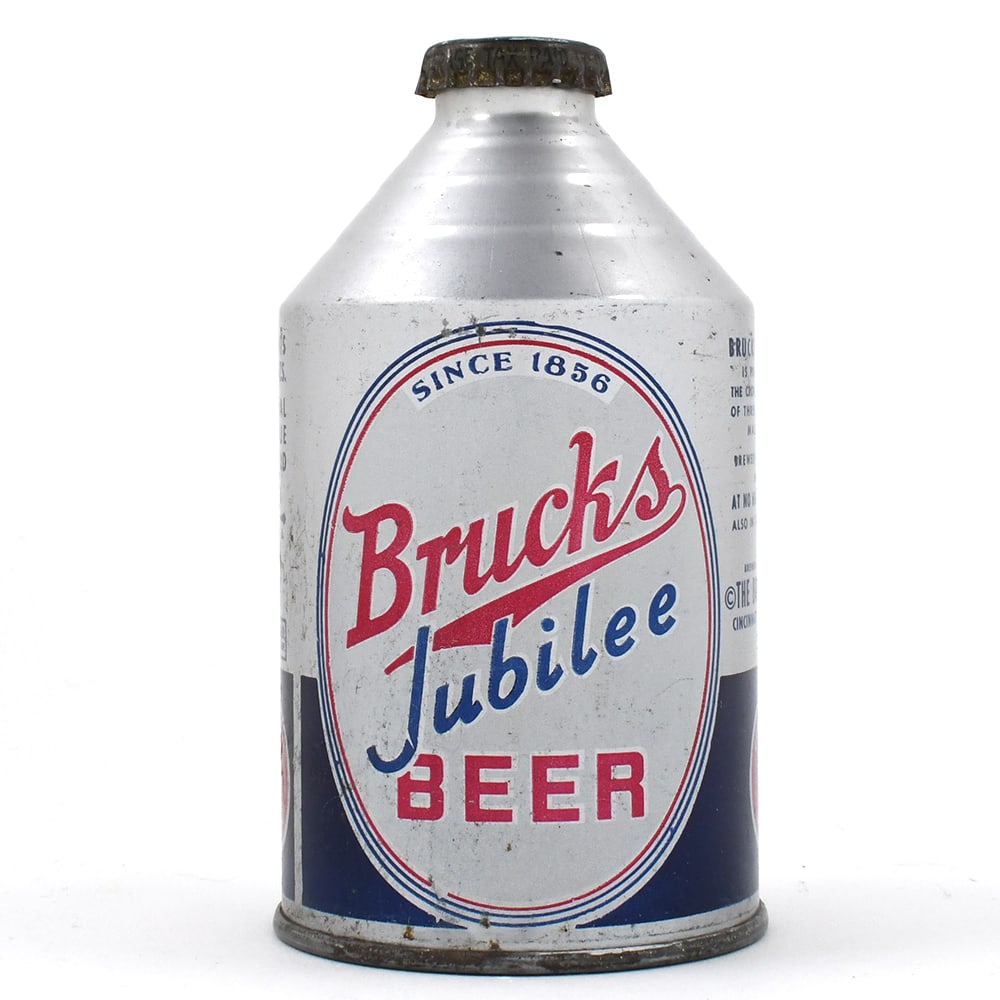 Brucks Jubilee Beer Crowntainer 86 YEARS NO ALC STATEMENT 192-22: Brewer/Business Name: Bruckmann Co., Cincinnati, Ohio Manufacturer/Plant: Crown Date of manufacture: circa 1940s Canning Code: n/a USBC reference: 192-22 USBCOI reference: Contents/Type: 12 oz