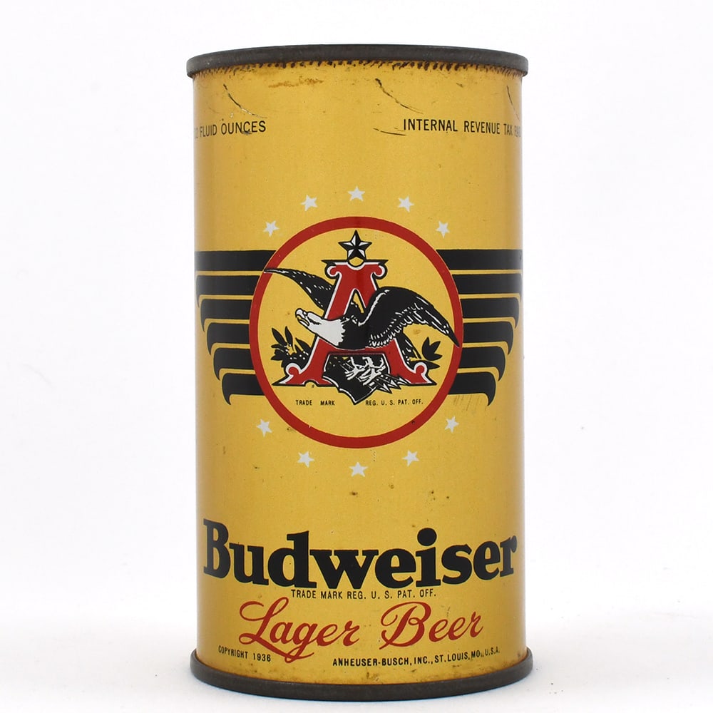 Budweiser Lager Beer Instructional Flat Top 43-35: Brewer/Business Name: Anheuser-Busch Inc., St. Louis, Missouri Manufacturer/Plant: American Can Co. Date of manufacture: circa 1930s Canning Code: n/a USBC reference: 43-35 USBCOI reference: 142