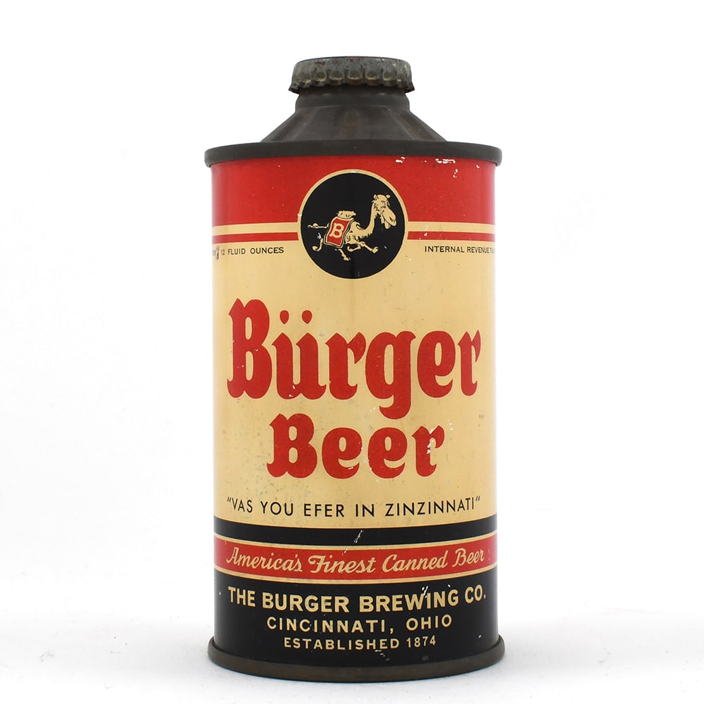 Burger Beer FBIR Flat Bottom Cone Top 155-22: Brewer/Business Name: Burger Brewing Co., Cincinnati, Ohio Manufacturer/Plant: Continental Can Co. Date of manufacture: circa 1930s Canning Code: n/a USBC reference: 155-22 USBCOI reference: 