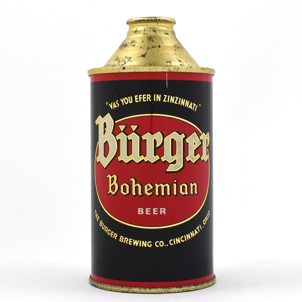 Burger Bohemian Beer Cone Top 155-26 EXCEPTIONAL: Brewer/Business Name: Burger Brewing Co., Cincinnati, Ohio Manufacturer/Plant: Continental Can Co. Date of manufacture: circa 1940s Canning Code: n/a USBC reference: 155-26 USBCOI reference: 