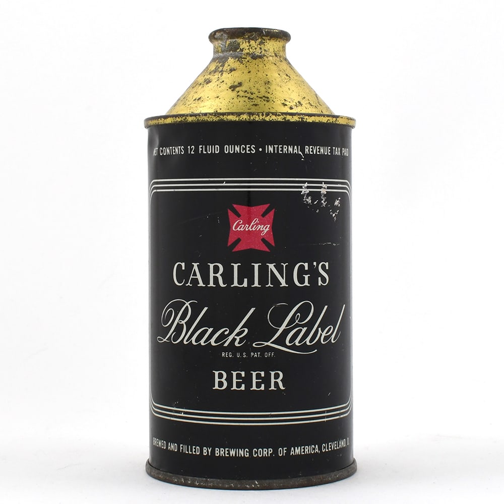 Carlings Black Label Beer Cone Top 156-29 EXCELLENT: Brewer/Business Name: Brewing Corp. of America, Cleveland, Ohio Manufacturer/Plant: Continental Can Co. Date of manufacture: circa 1940s Canning Code: n/a USBC reference: 156-29 USBCOI reference: 