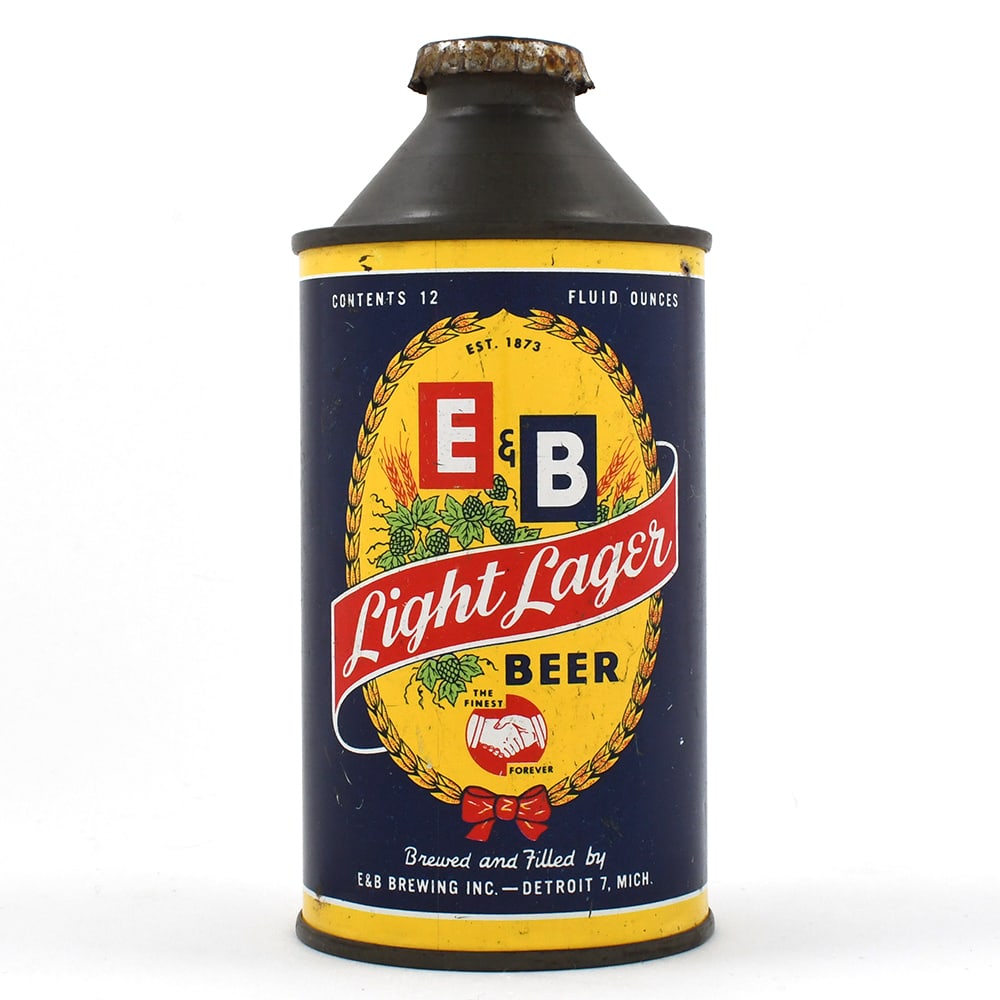 E and B Light Lager Cone Top IRTP 160-17: Brewer/Business Name: E & B Brewing Co., Detroit 7, Michigan Manufacturer/Plant: Continental Can Co.Date of manufacture: