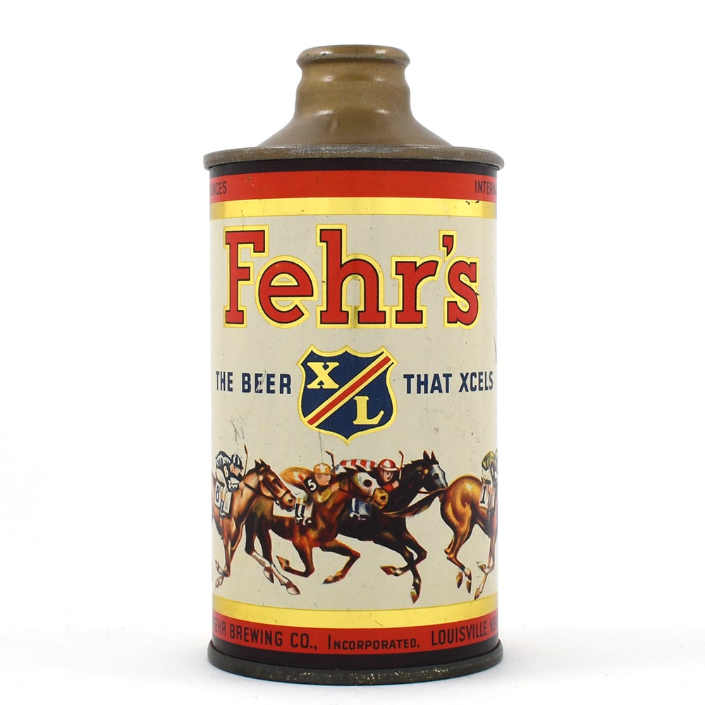 Fehrs XL Beer Cone Top HORSES JOCKEYS DERBY 162-5: Brewer/Business Name: Frank Fehr Brewing Co., Louisville, Kentucky Manufacturer/Plant: Crown Date of manufacture: circa 1930s Canning Code: n/a USBC reference: 162-5 USBCOI reference: 
