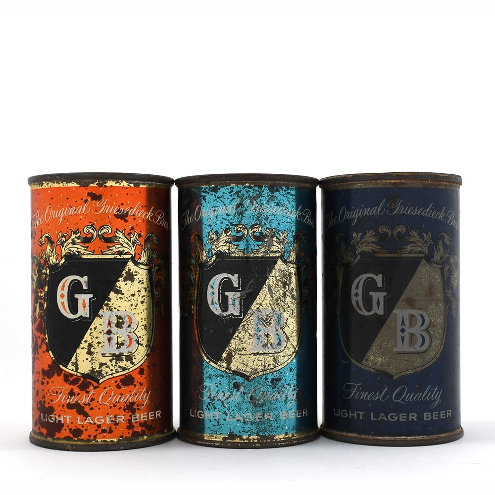 GB Beer Color Set Flat Tops Lot of 3 SCRIPT ORANGE TEAL DK BLUE: Brewer/Business Name: Griesedieck Bros. Brewery, St. Louis, Missouri Manufacturer/Plant: American Can Co.Date of manufacture: