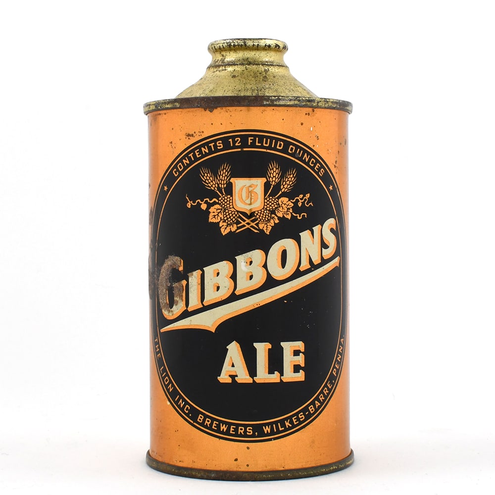 Gibbons Ale Cone Top NO DISTRIBUTOR 164-25: Brewer/Business Name: Lion Inc. Brewers, Wilkes-Barre, Pennsylvania Manufacturer/Plant: Continental Can Co.Date of manufacture: