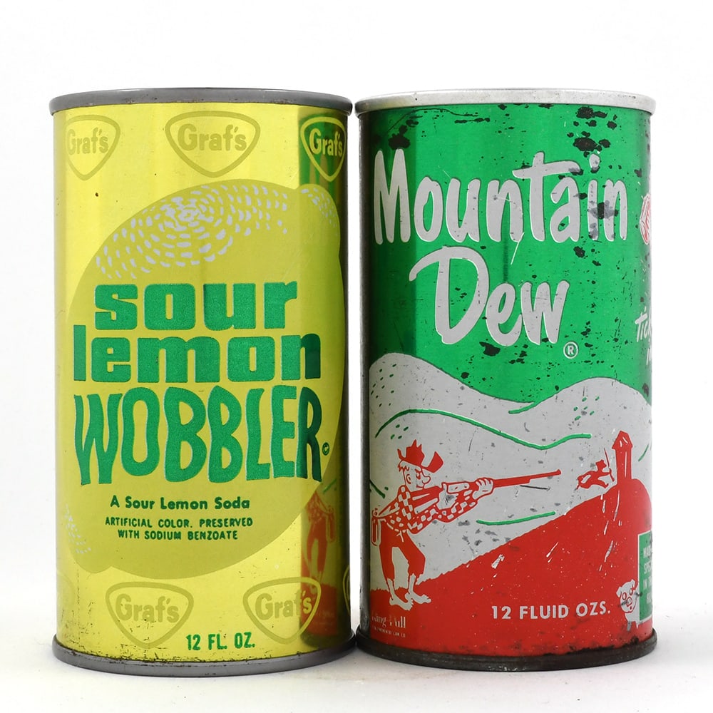 Grafs Sour Lemon Wobbler and Mountain Dew Early Soda Tabs Lot of 2: Brewer/Business Name: Multiple breweries and locations, Multiple Manufacturer/Plant: American Can Co.Date of manufacture: