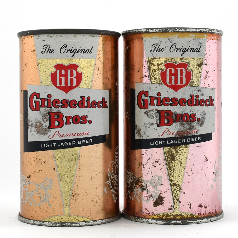 Griesedieck Bros Lager Beer Set Flat Tops Lot of 2 LT PINK COPPER TOUGH: Brewer/Business Name: Griesedieck Bros. Brewery, St. Louis, Missouri Manufacturer/Plant: American Can Co.Date of manufacture: