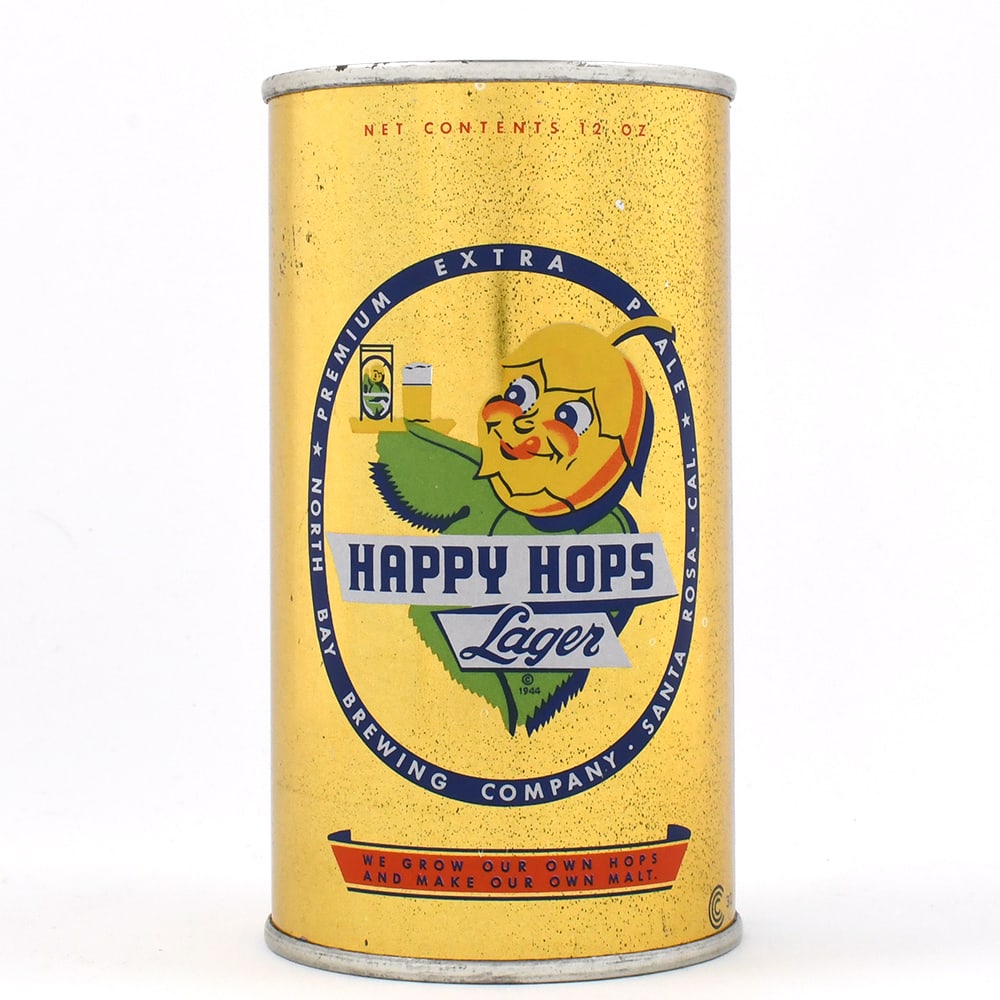 Happy Hops Lager Flat Top 80-13 RED BANNER RARE: Brewer/Business Name: North Bay Brewing Co., Santa Rosa, California Manufacturer/Plant: Continental Can Co.Date of manufacture: