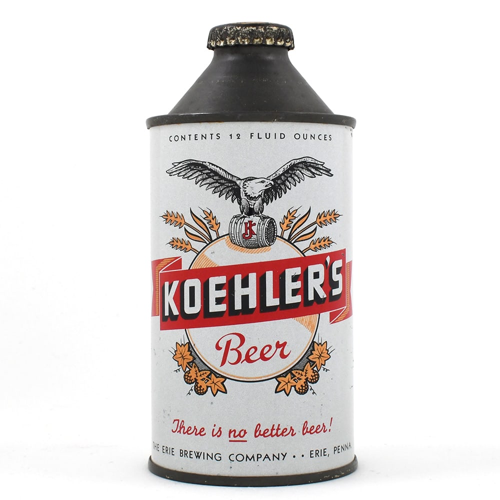 Koehlers Beer Cone Top 171-26 EXCELLENT: Brewer/Business Name: Erie Brewing Co., Erie, Pennsylvania Manufacturer/Plant: Continental Can Co.Date of manufacture: