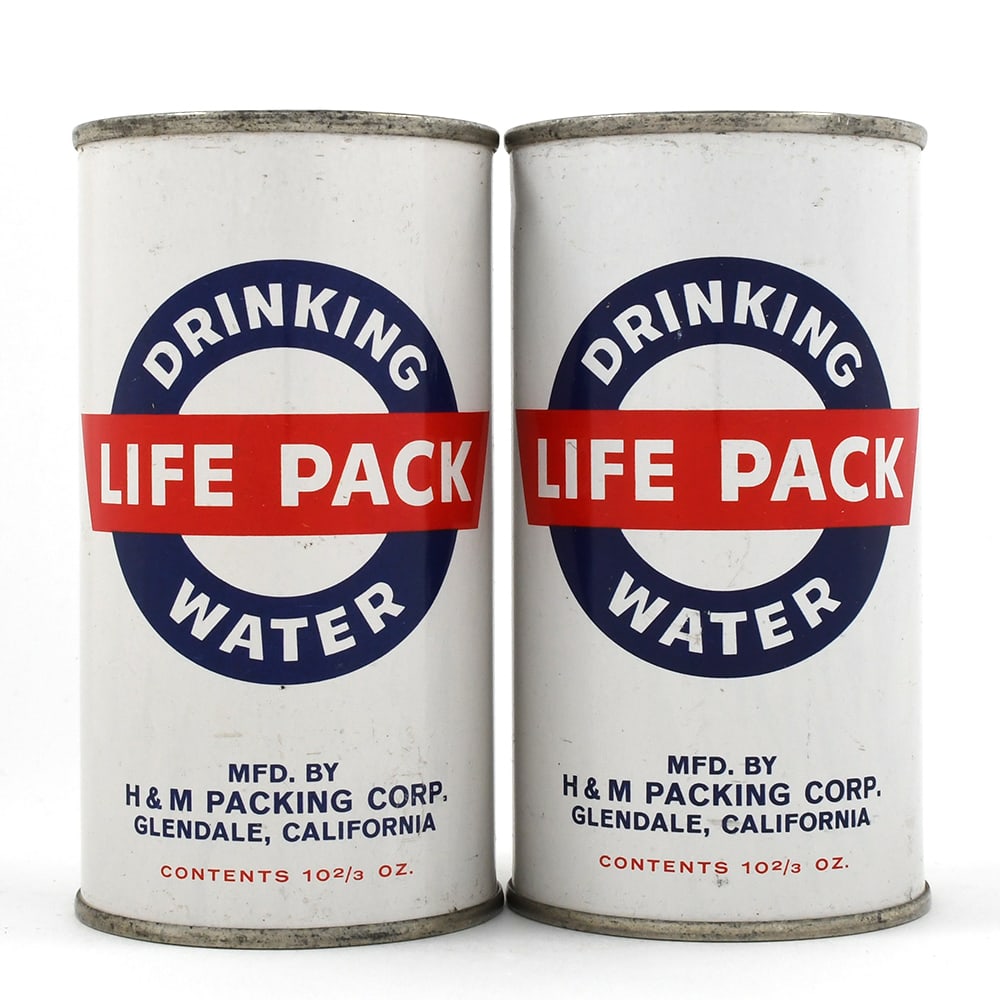 Life Pack Drinking Water Flat Tops Lot of 2: Brewer/Business Name: H & M Packing Corp., Glendale, California Manufacturer/Plant: Continental Can Co. Date of manufacture: