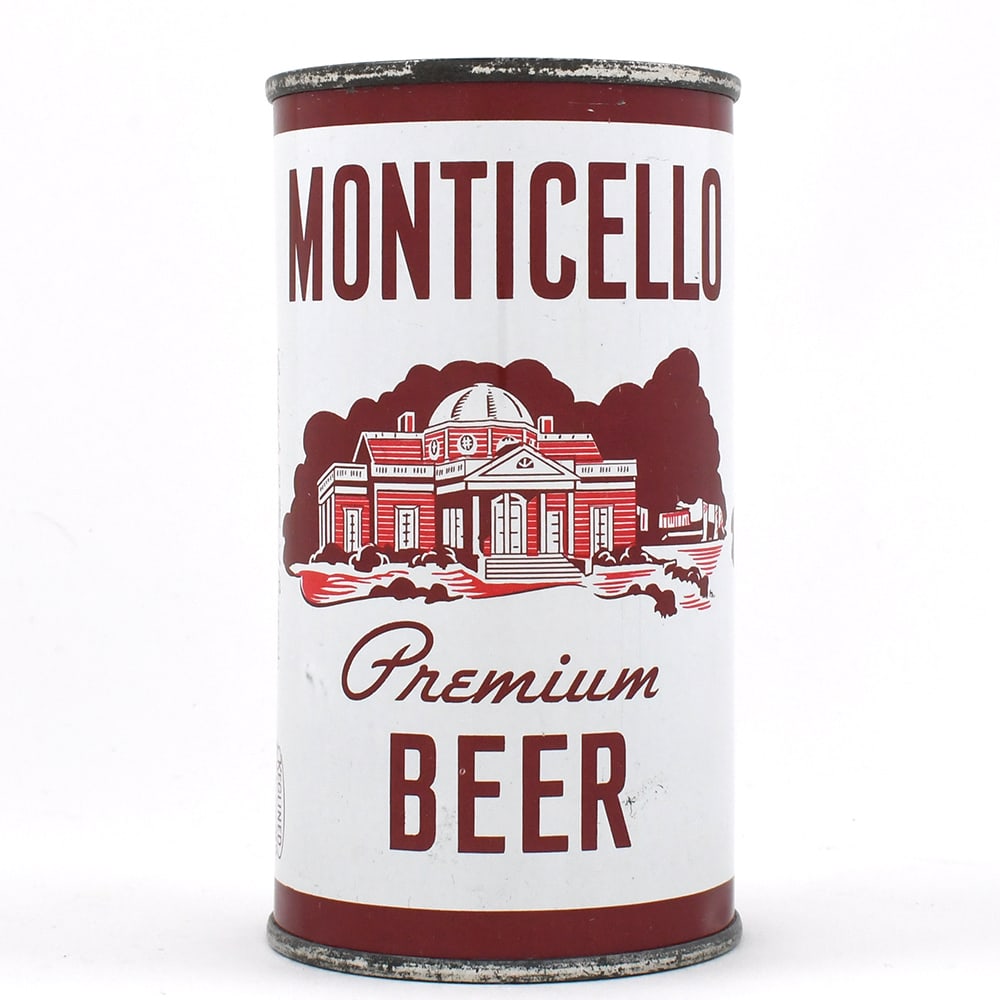 Monticello Premium Beer Flat Top VA TAX LID 100-26 EXCEPTIONAL: Brewer/Business Name: Monticello Brewery Co., Norfolk, Virginia Manufacturer/Plant: American Can Co.Date of manufacture: