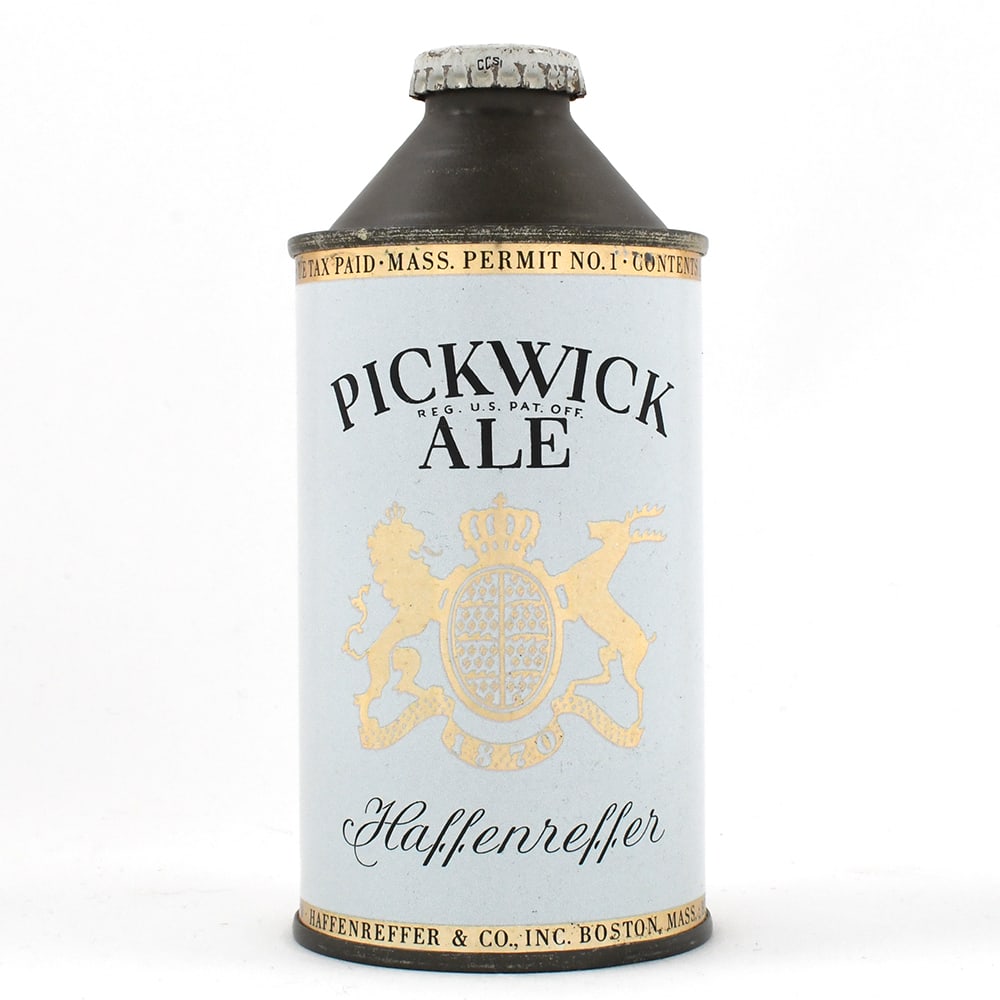 Pickwick Ale Cone Top EXCEPTIONAL 179-6: Brewer/Business Name: Haffenreffer And Co., Boston, Massachusetts Manufacturer/Plant: Continental Can Co. Date of manufacture: circa 1940s Canning Code: n/a USBC reference: 179-6 USBCOI reference: 