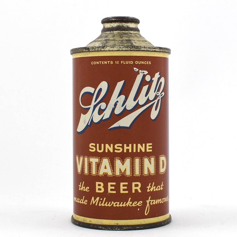 Schlitz Sunshine Vitamin D Cone Top LESS THAN 4 PERCENT 183-19 EXCELLENT: Brewer/Business Name: Jos. Schlitz Brewing Co., Milwaukee, Wisconsin Manufacturer/Plant: Continental Can Co.Date of manufacture:
