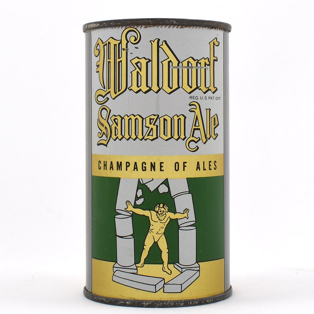 Waldorf Samson Ale LONG OPENER Flat Top 144-1 OI 853 EXCELLENT: Brewer/Business Name: Forest City Brewery, Cleveland, Ohio Manufacturer/Plant: American Can Co. Date of manufacture: circa 1930s Canning Code: n/a USBC reference: 144-1 USBCOI reference: 853