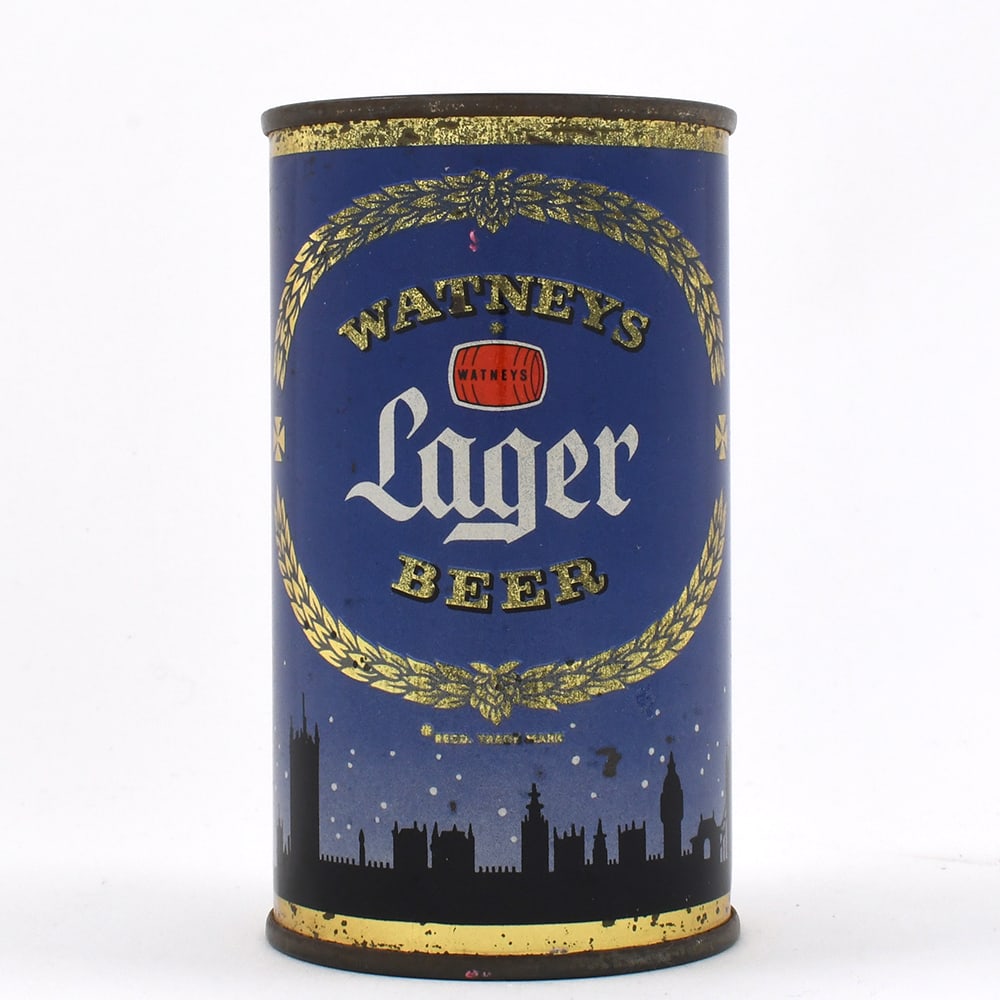 Watneys Lager Beer ENGLISH Flat Top DIFFERENT VARIATION: Brewer/Business Name: Watney Combe Reid and Co., London, England, Non-U.S. (see comments/description) Manufacturer/Plant: Metal Box Co. Lt.