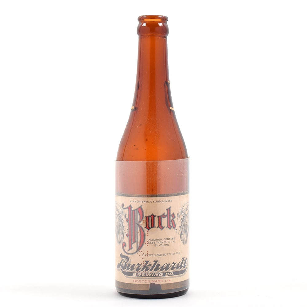 Burkhardts BOCK Prohibition Era Bottle RARE TOP EXAMPLE: Brewer/Business Name: Burkhardt Brewing Co., Boston, Massachusetts Manufacturer/Plant: Unknown Date of manufacture: Prohibition Contents/Type: N/A Dimensions: 9-1/2 h. Comments/description: Gorgeous