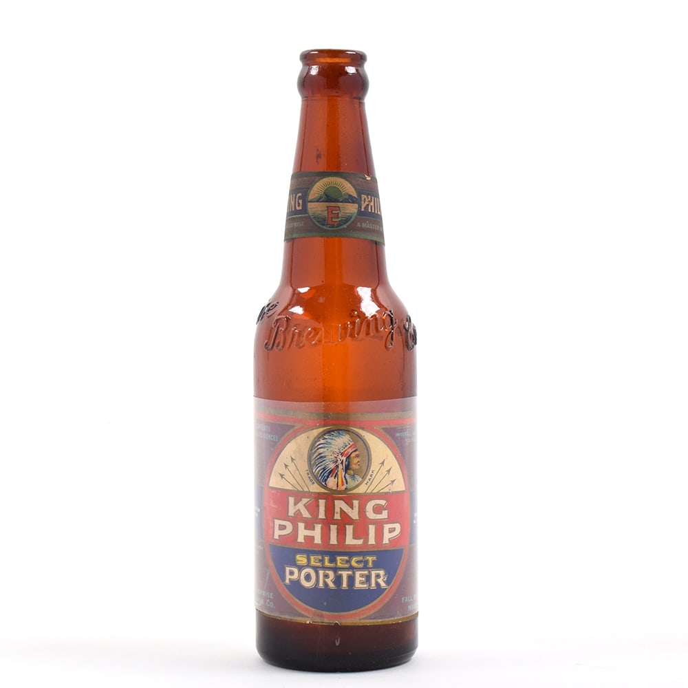 King Philip Porter 1930s Embossed Bottle NATIVE AMERICAN WAMPANOAGS EXCEPTIONAL: Brewer/Business Name: Enterprise Brewing Co., Fall River, Massachusetts Manufacturer/Plant: UnknownDate of manufacture: