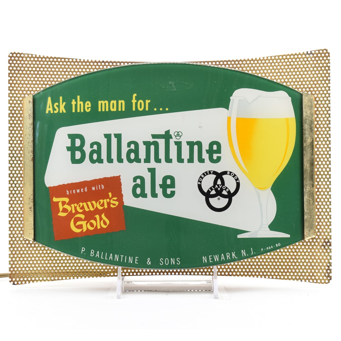 Ballantine Ale 1950s Curved Front ROG Sign OUTSTANDING: Brewer/Business Name: P. Ballantine & Sons, Newark, New Jersey Manufacturer/Plant: See comments/descriptionDate of manufacture: