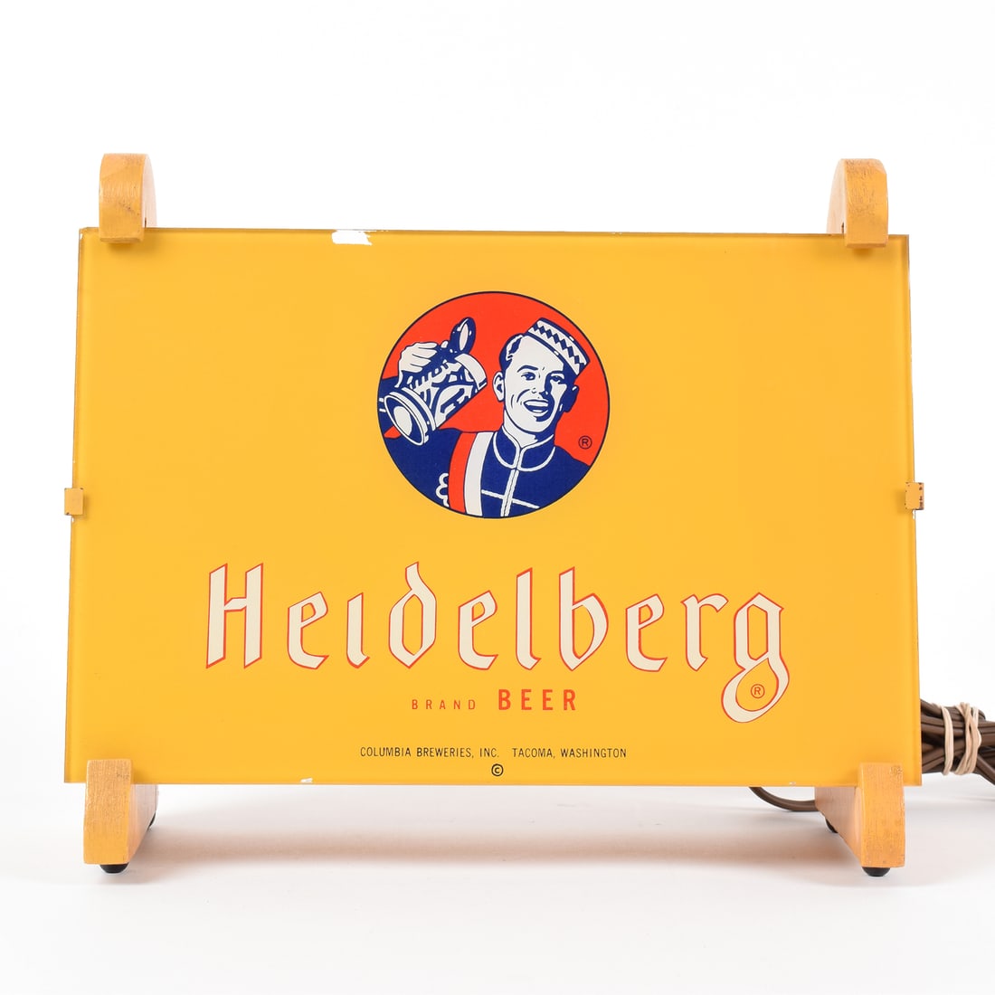 Heidelberg Beer 1950s Reverse-Painted Glass Illuminated Sign: Brewer/Business Name: Columbia Breweries Inc., Tacoma, Washington Manufacturer/Plant: UnknownDate of manufacture: