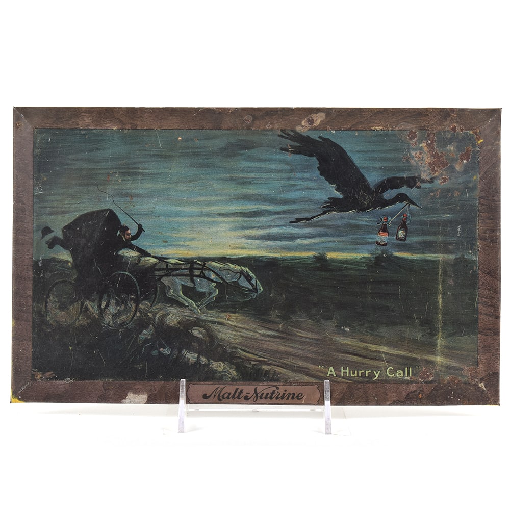 Anheuser-Busch Malt Nutrine Prohibition Era Tin-Over-Cardboard Sign HURRY CALL: Brewer/Business Name: Anheuser-Busch Brewing Assn., St. Louis, Missouri Manufacturer/Plant: American Art WorksDate of manufacture: