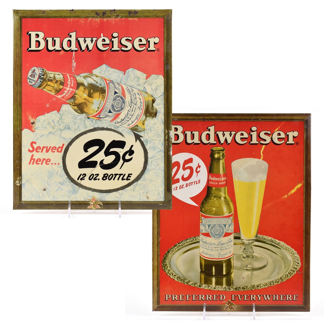 Budweiser Beer 1950s Tin-Over-Cardboard Signs 25 CENT BOTTLES LOT OF 2: Brewer/Business Name: Anheuser-Busch Inc., St. Louis, Missouri Manufacturer/Plant: See comments/descriptionDate of manufacture: