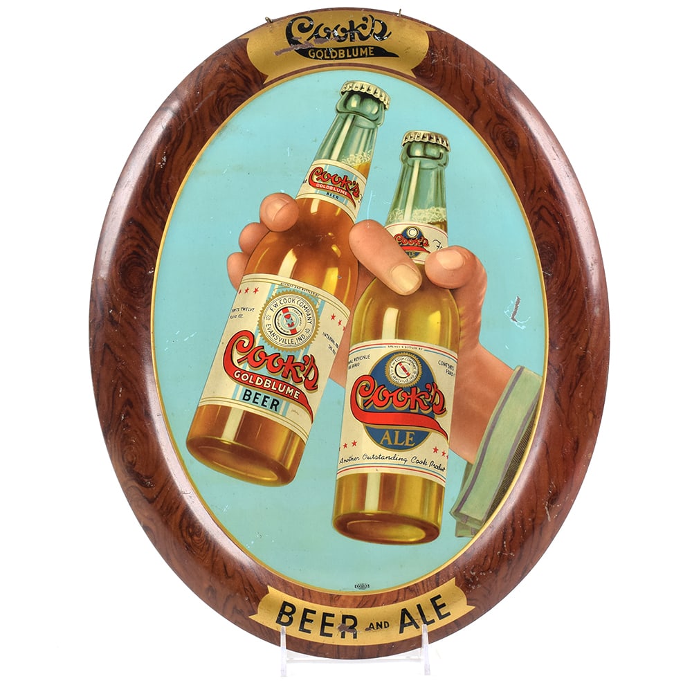 Cooks Goldblume Ale And Beer 1940s Tin Sign IRTP BOTTLES: Brewer/Business Name: F. W. Cook Co., Evansville, Indiana Manufacturer/Plant: UnknownDate of manufacture: